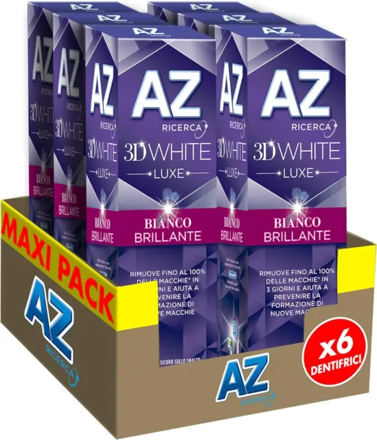 Dentifricio AZ 3D White Luxe con Azione Sbiancante Maxi Formato da 6pz x 75ml