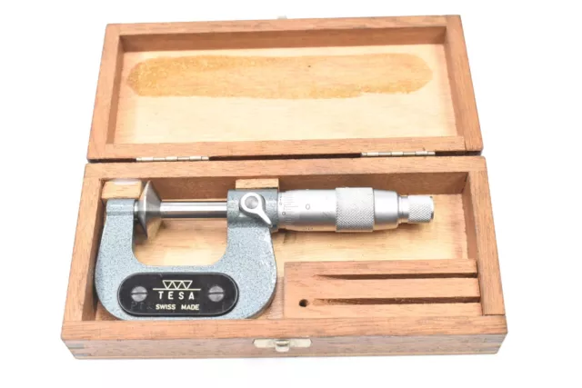 Tesa 0-1" Disc Micrometer w/ Wooden Case Swiss Made