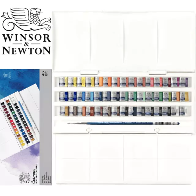 NEW Winsor & Newton 45 Cotman Watercolour Half Pan Paint Set Studio Brush