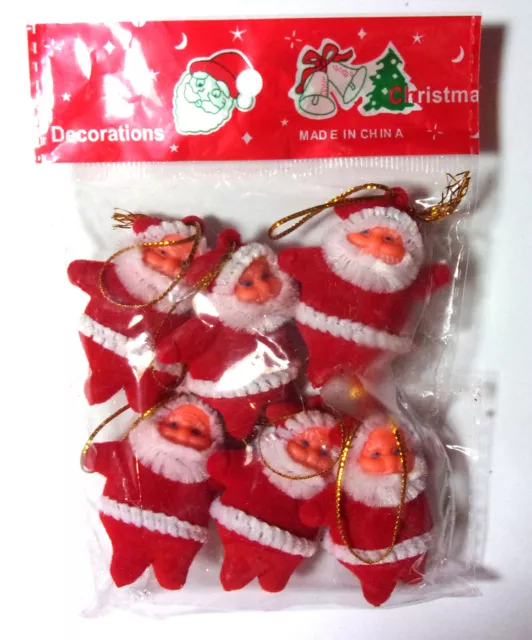 (6) mini 2" red Santa Claus Christmas Ornaments with white pipe cleaner accents