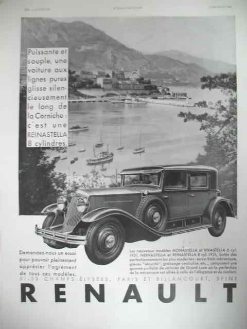 Publicite De Presse Renault Reinastella Automobile 8 Cyl Sur La Corniche 1931