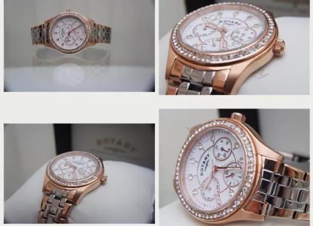 Rotary Ladies Watch Rose gold Two Tone Day&Date Swarovski crystals case RRP£189