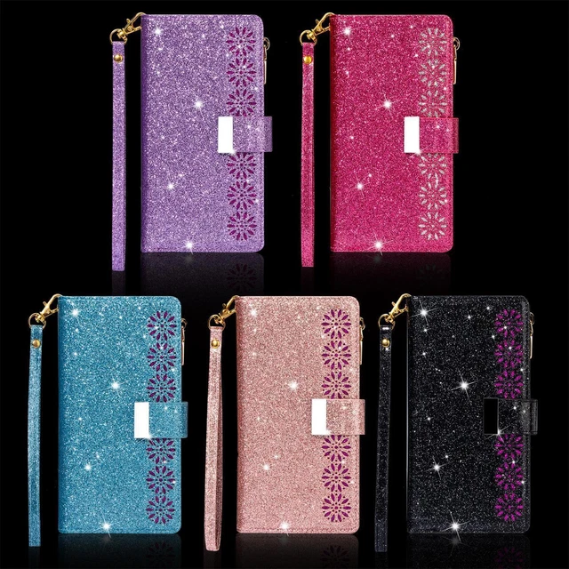 Zipper Glitter Wallet Phone Case For iPhone 11 12 13 14 Samsung S10 S21 S22 S23