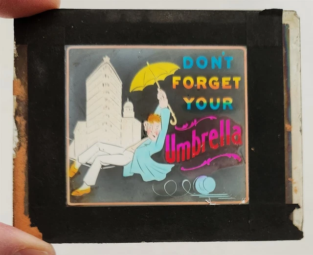 antique MAGIC LANTERN GLASS SLIDE movie theater DONT FORGET YOUR UMBRELLA whimsy