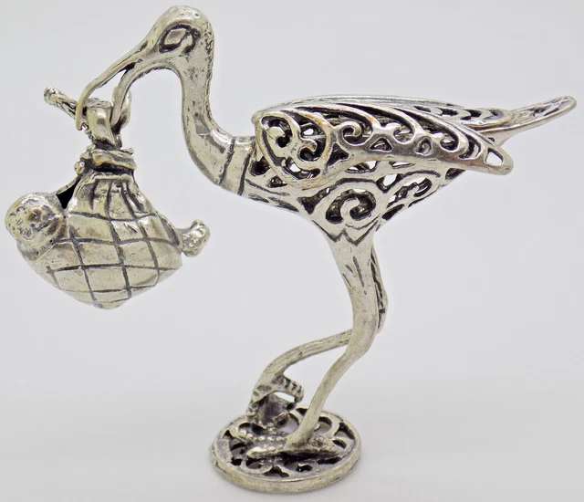 Vintage Italian Handmade Genuine Silver RARE Stork with Baby Figurine Miniature