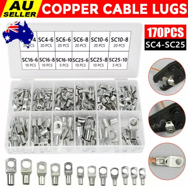 170PCS Copper Lug Ring Battery Terminals Wire Welding Cable Crimp Connectors Kit