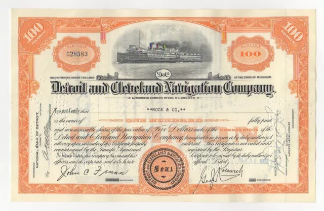 Detroit and Cleveland Navigation Company Stock Certificate