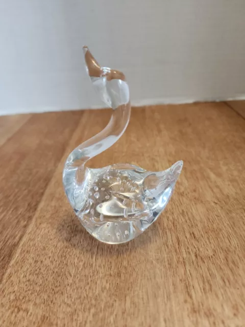Clear Art Glass 4" Tall Swan Paperweight Figurine with Controlled Bubbles