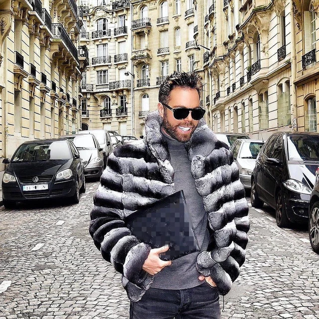 Mens Chinchilla Stand Collar Jackets New Real Rex Rabbit Fur Coat Winter Outwear
