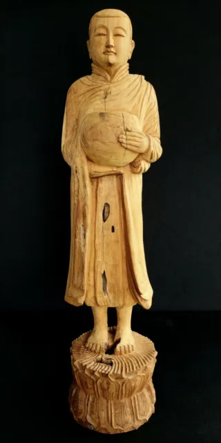 BIG 27" Tall Carved Teak Buddha Buddhist Monk Arahant Standing on Lotus w/ Bowl