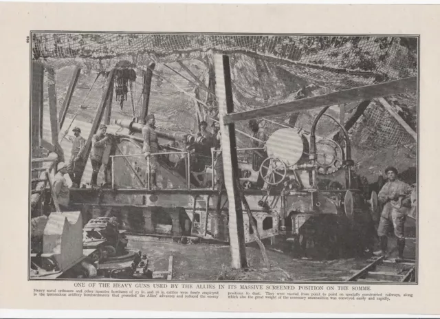 1916 WWI print ONE OF THE HEAVY GUNS IN ITS SCREENED POSITION ON THE SOMME