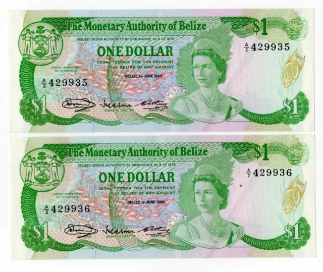 1980 Belize $1 One Dollar Uncirculated x2 Consecutive Serial Numbers