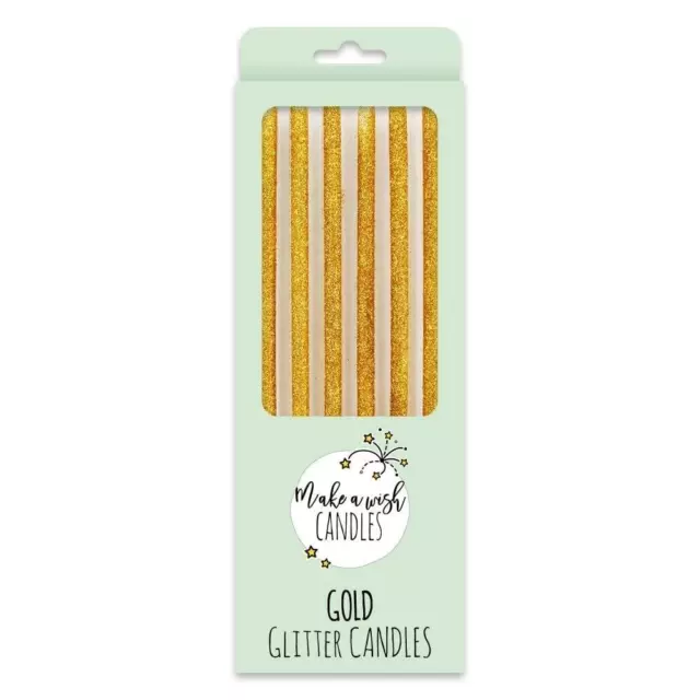 Birthday Cake Candles Make A Wish Tall Gold Glitter x 6 Party Celebration Topper