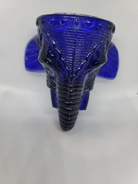 Antique Cobalt Blue Glass Elephant Head Wall Pocket Match Holder 5"