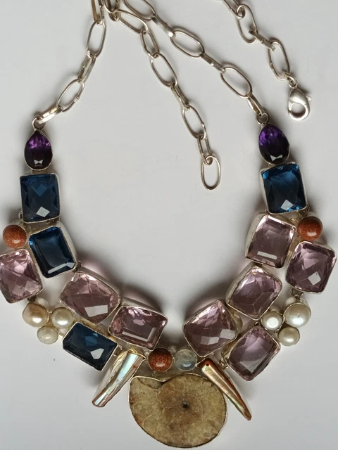 Collier Vintage Signé MIRACLE - Cabochons Jaunes Et Argent Vieilli - Alliage - Bon état