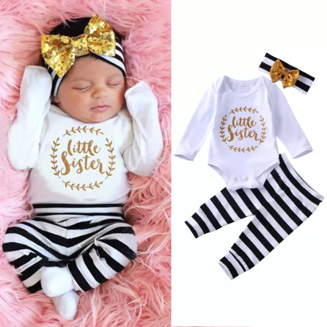 Newborn Baby Girl Romper Bodysuit Stripe Pants Headband Outfits Clothes Set