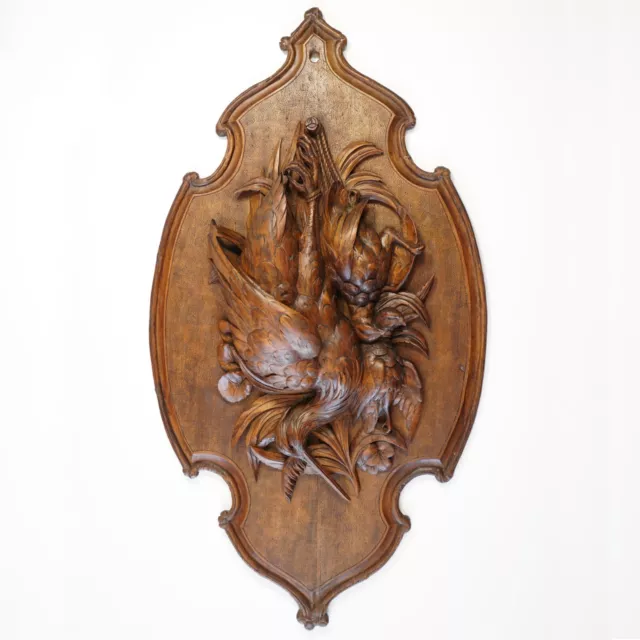 ANTIQUE BLACK FOREST Carved Wood Wall Plaque 32" Large Hunting Trophy