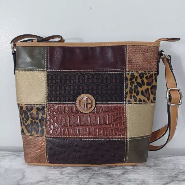 Giani Bernini Handbag Brown Patchwork Crossbody Purse Faux Leather Animal Print