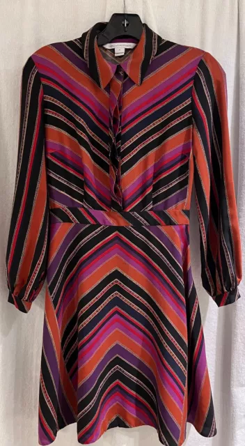 Diane Von Furstenberg 100% Silk Women's  Wrap Dress L/S Mult iColor Chevron A+ 2