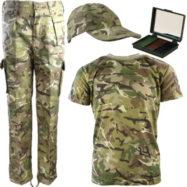 Boys Army Costume T-Shirt Trousers Cap Face Paint Kids 3-13 Yrs Btp Camouflage