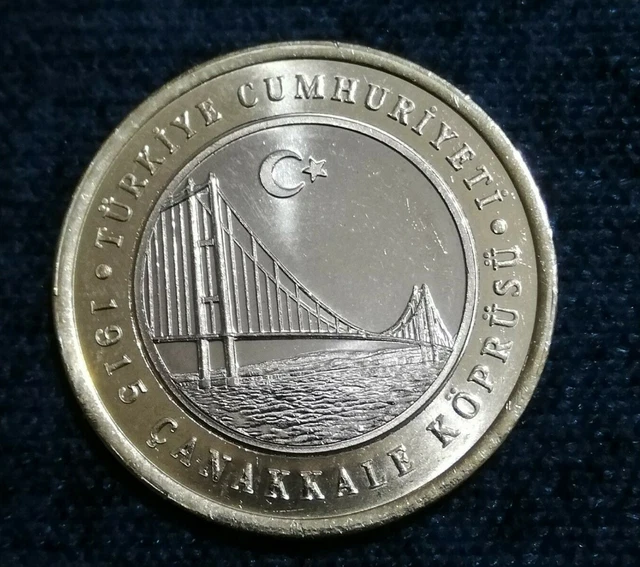 NEW 2022 TURKEY  1 Lira commem. "MARCH 15 CANAKKALE BRIDGE " UNC bimetal