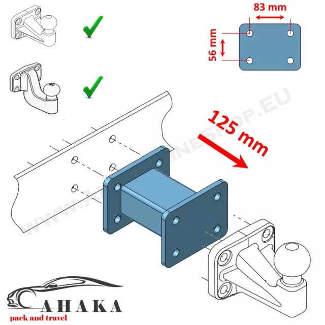 Universal Towbar Extension 125mm Tow Ball Spacer Block 4 hole 83x56 Heavy Duty