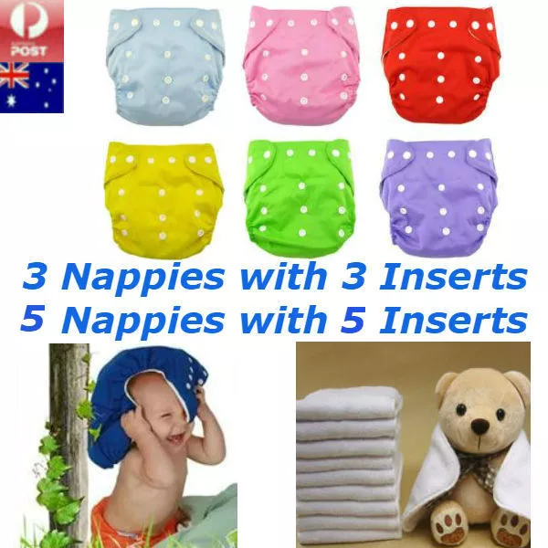 5 X Reusable Baby Modern Cloth Nappies Diapers Adjustable Washable + inserts