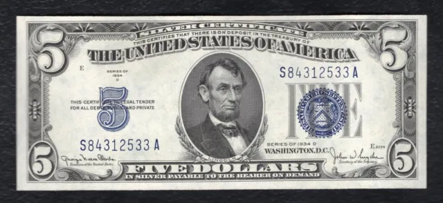 1934-D $5 Five Dollars Silver Certificate Currency Note Gem Uncirculated (B)
