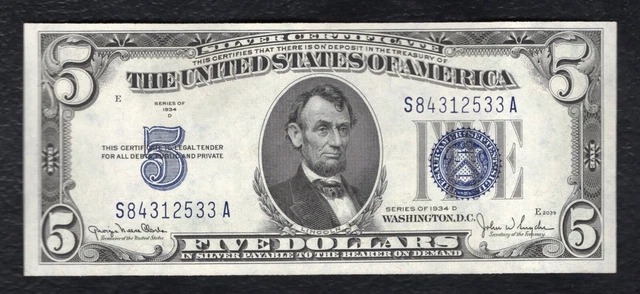 1934-D $5 Five Dollars Silver Certificate Currency Note Gem Uncirculated (B)