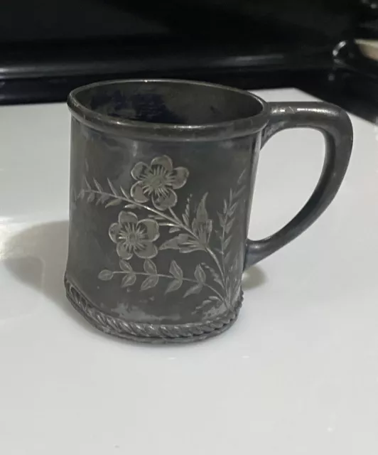 VTG Middleton Silver Quadruple Plated #160 Hard White Metal Mug Etched Flowers