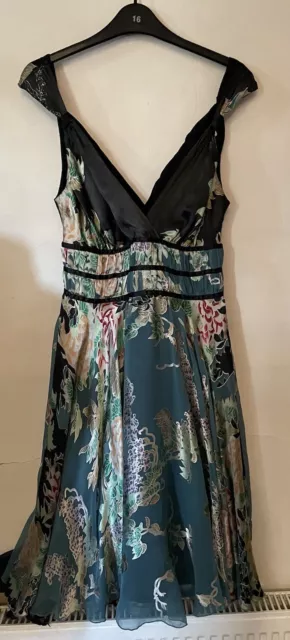 Oasis Size 12 Black Teal V Nack Silk Party Dress Floaty Floral Print Skirt