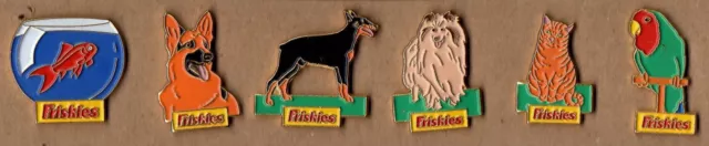 lot de 6 Pin's animaux / Friskies (chiens, chat, poisson, perroquet)