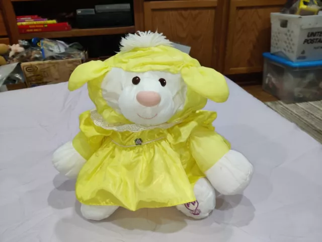 Vintage Fisher Price Lamb Bear Puffalump Nylon Plush Yellow Dress Stuffed Animal