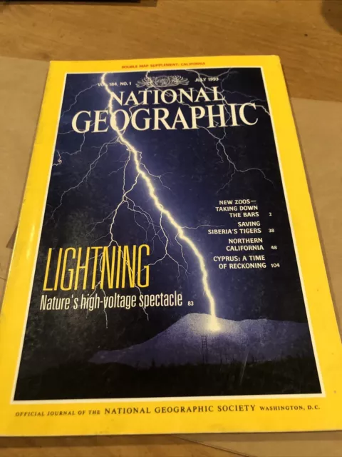 National Geographic Magazine July 1993 Lightning New Zoos Tigers California Map