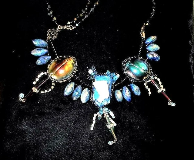 Nefertiti Scarab Rainbow Necklace Peacock Mirror Carnival Glass Bead Iridescent