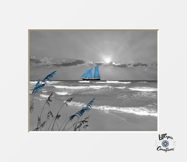 Coastal Ocean Beach Sailboat Blue Gray Bedroom Bathroom Matted Wall Art Picture
