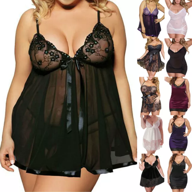 Plus Size Women's Lace Chemise Sexy Lingerie Nightwear G-string Dress Sleepwear∝