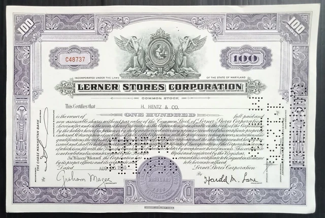 AOP USA 1954 Lerner Stores Corporation 100 shares certificate