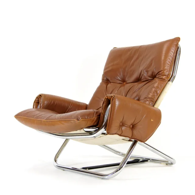 Retro Vintage Danish Chrome & Leather Lounge Easy Chair Armchair 70s Mid Century