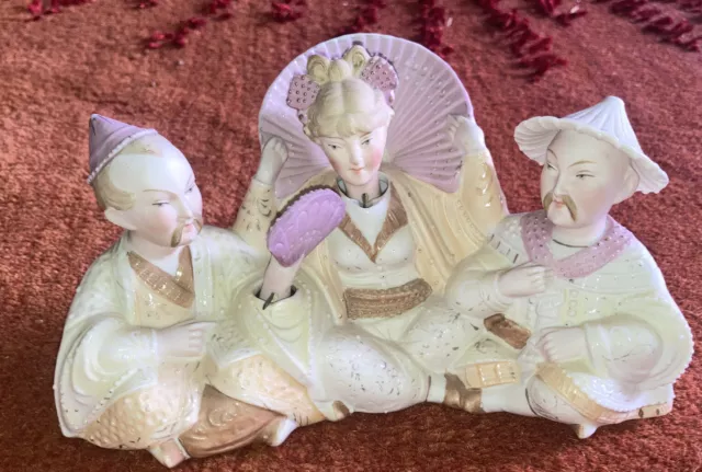 Antique Bisque Porcelain Chinese Triple Moveable Nodder Figures