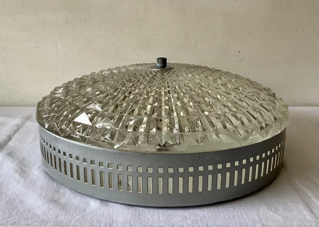 Ancien PLAFONNIER ou APPLIQUE Vintage en VERRE MOULÉ & METAL ARGENTÉ 7