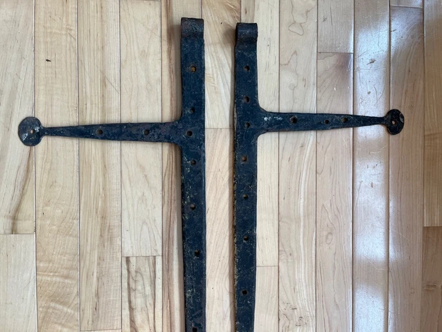 Antique Hand Forged “T” Strap Hinges Old Iron with Penny Ends 2