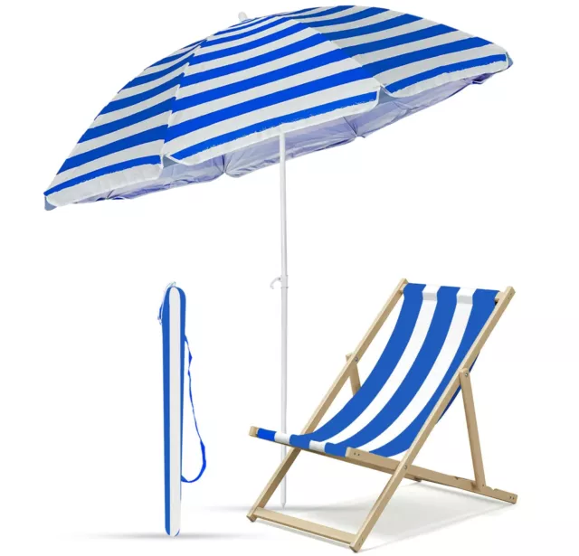 Garden Parasol Umbrella & Wooden Deck Folding Chair Lounger Sunbed Beach Seaside