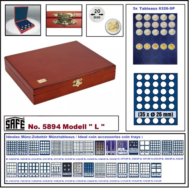 SAFE-5894-L Holzmünzkassetten 2-EURO-Elegance-3-Tableaus 105 runde Fächer 26 mm