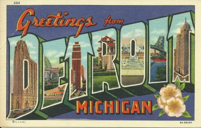Postcard Greetings From Detroit Michigan Large Letter Linen Curt Teich