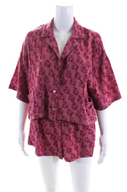 Zara Womens Floral Gauze Shorts Button Up Blouse Set Pink Size Small Medium