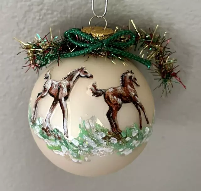 Two Ponies Playing Glass Christmas Ornament Horses Mustang Moon Creations