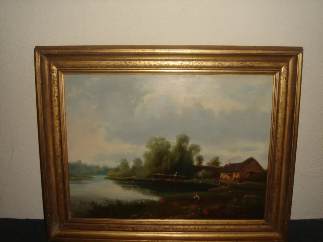 Large old oil painting,{  Farmhouse near the lake, with people and cows }.