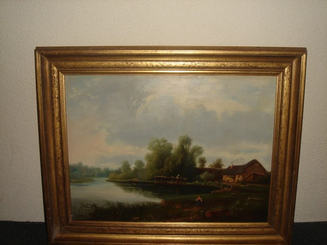 Large old oil painting,{  Farmhouse near the lake, with people and cows }.