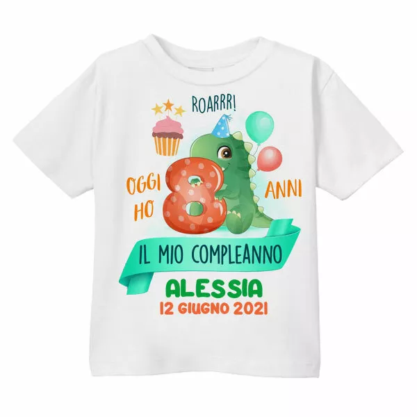 T-shirt bimbo bimba compleanno 8 anni, dinosauro, personalizzata con nome e data